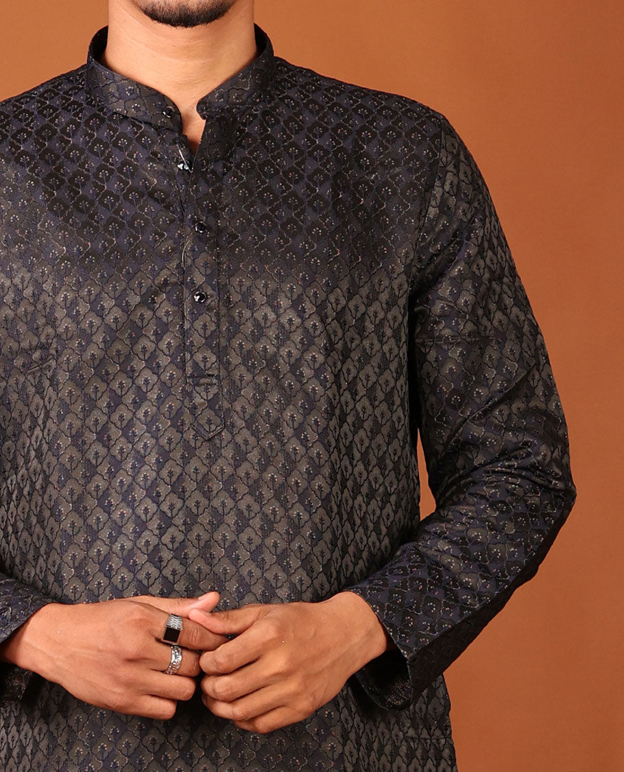 Black Mughal-Style Jaal Design Full-Sleeved Men's Kurta