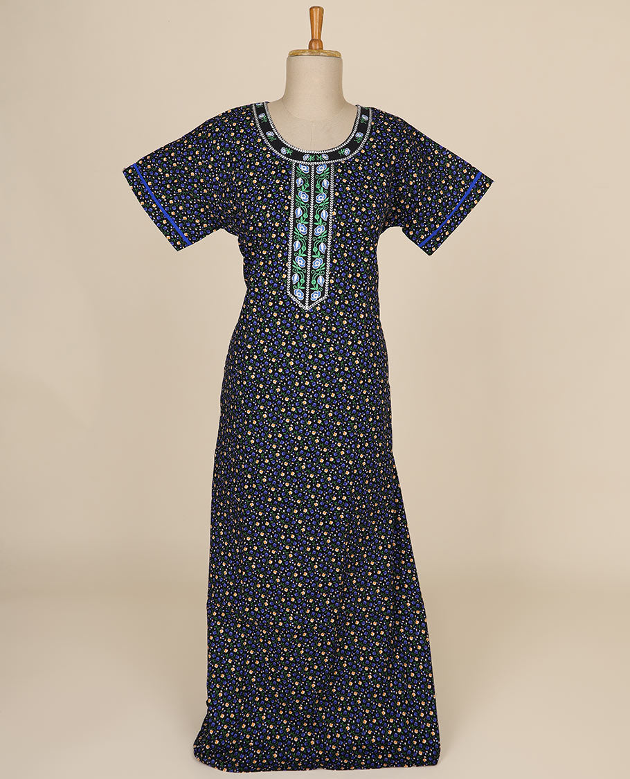 Black floral printed and floral thread embroidery round neck cotton half-sleeve nighty