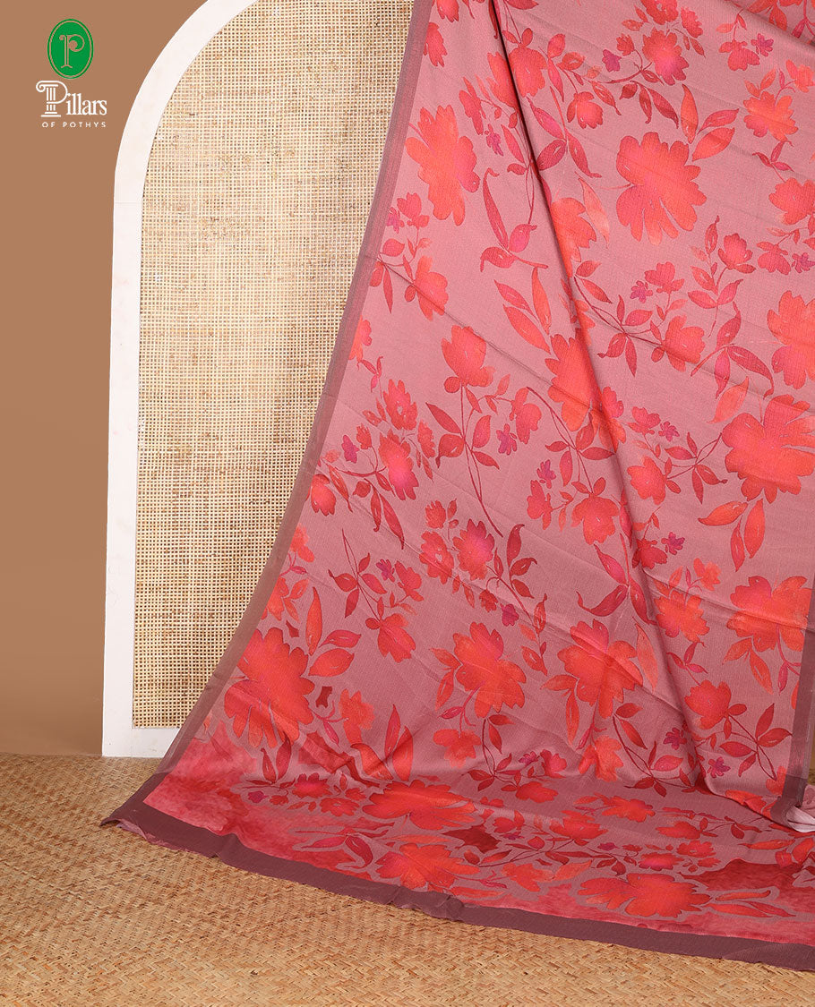 Borderless pink floral digital print brasso saree with self pallu along with printed blouse