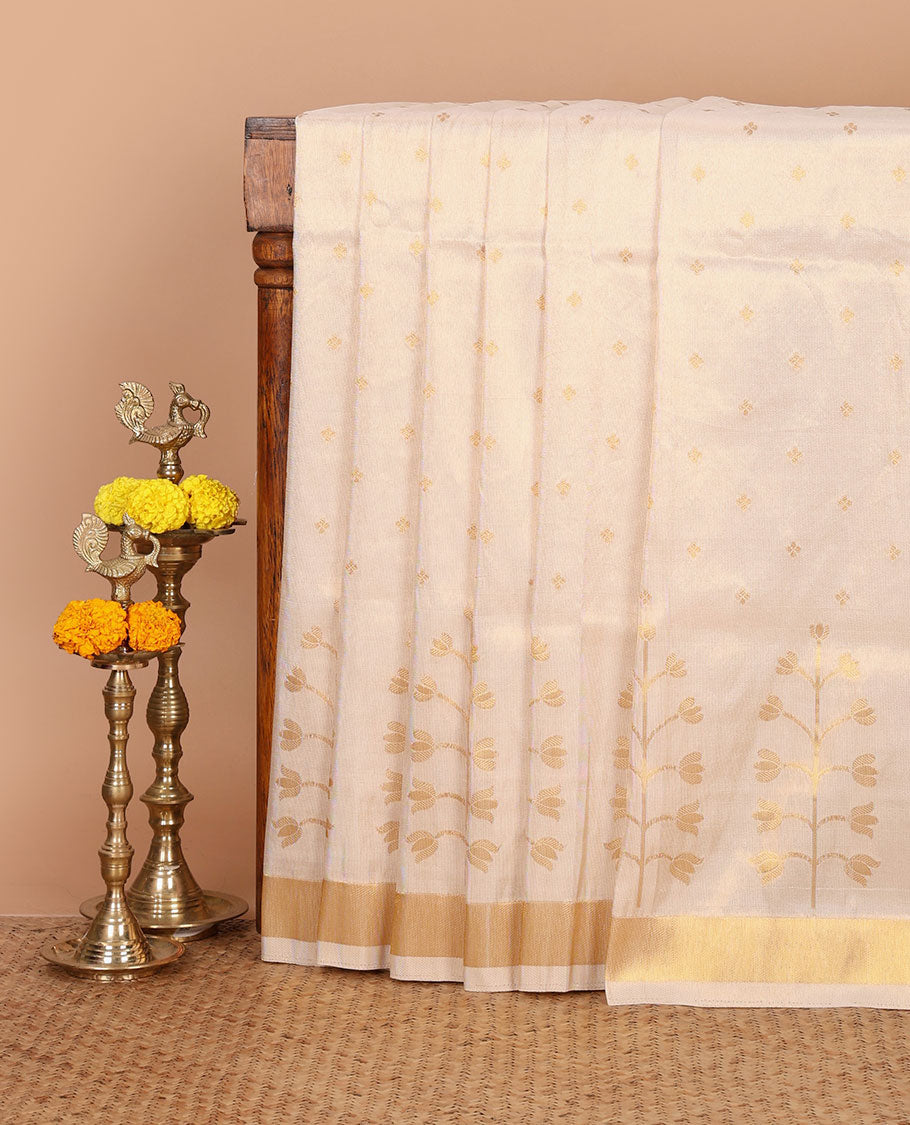 Cream floral & tree-style zari motifs woven viscose georgette saree, gold zari-bavanji border, tree-style zari motif pallu