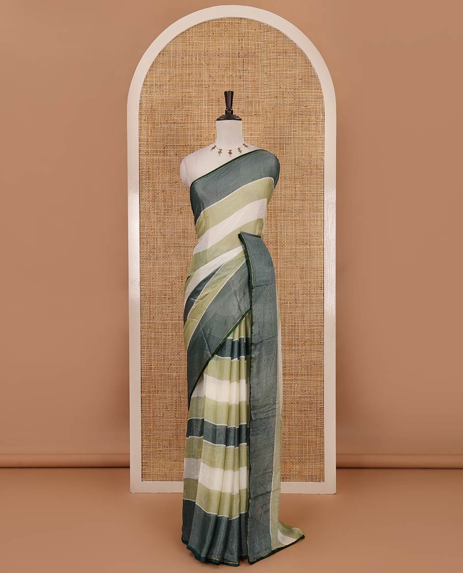 Pista green horizontal stripes printed lassi cotton saree, lace border & contrast buttas woven blouse