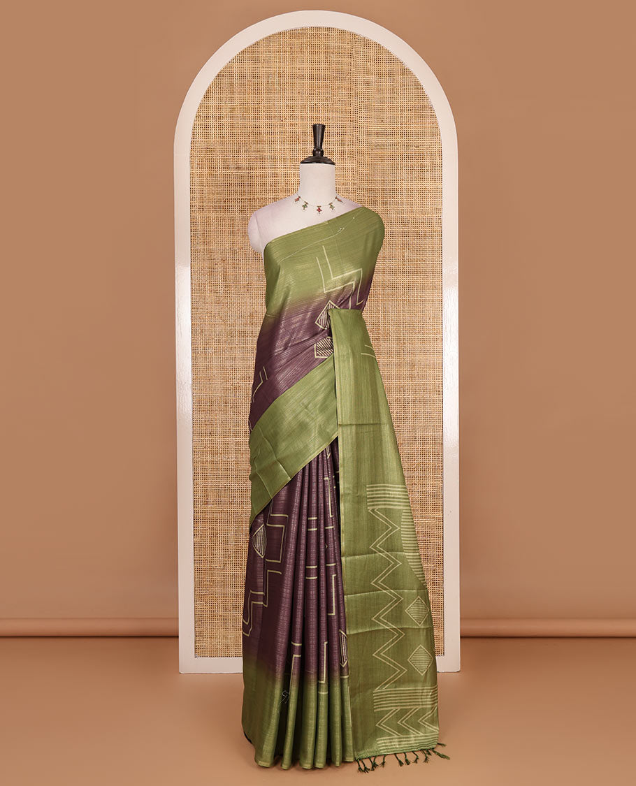 Borderless brown and olive green zari stripes and geometric patterns printed soft tussar saree, geometric printed pallu, and contrast diamond motif printed blouse