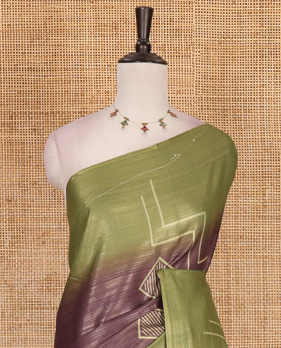 Borderless brown and olive green zari stripes and geometric patterns printed soft tussar saree, geometric printed pallu, and contrast diamond motif printed blouse
