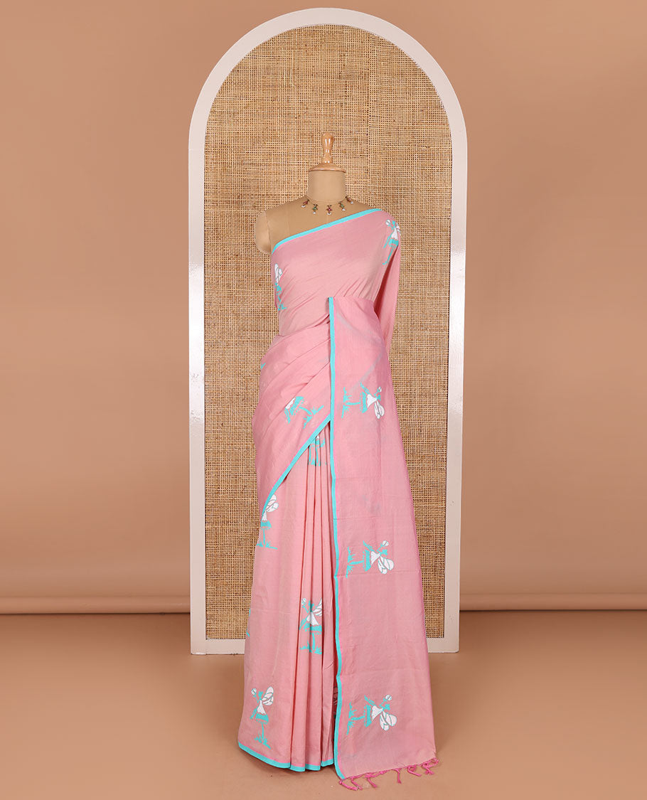 Borderless pink fairy motifs South cotton saree with a matching blouse, and a contrast chevron printed blouse