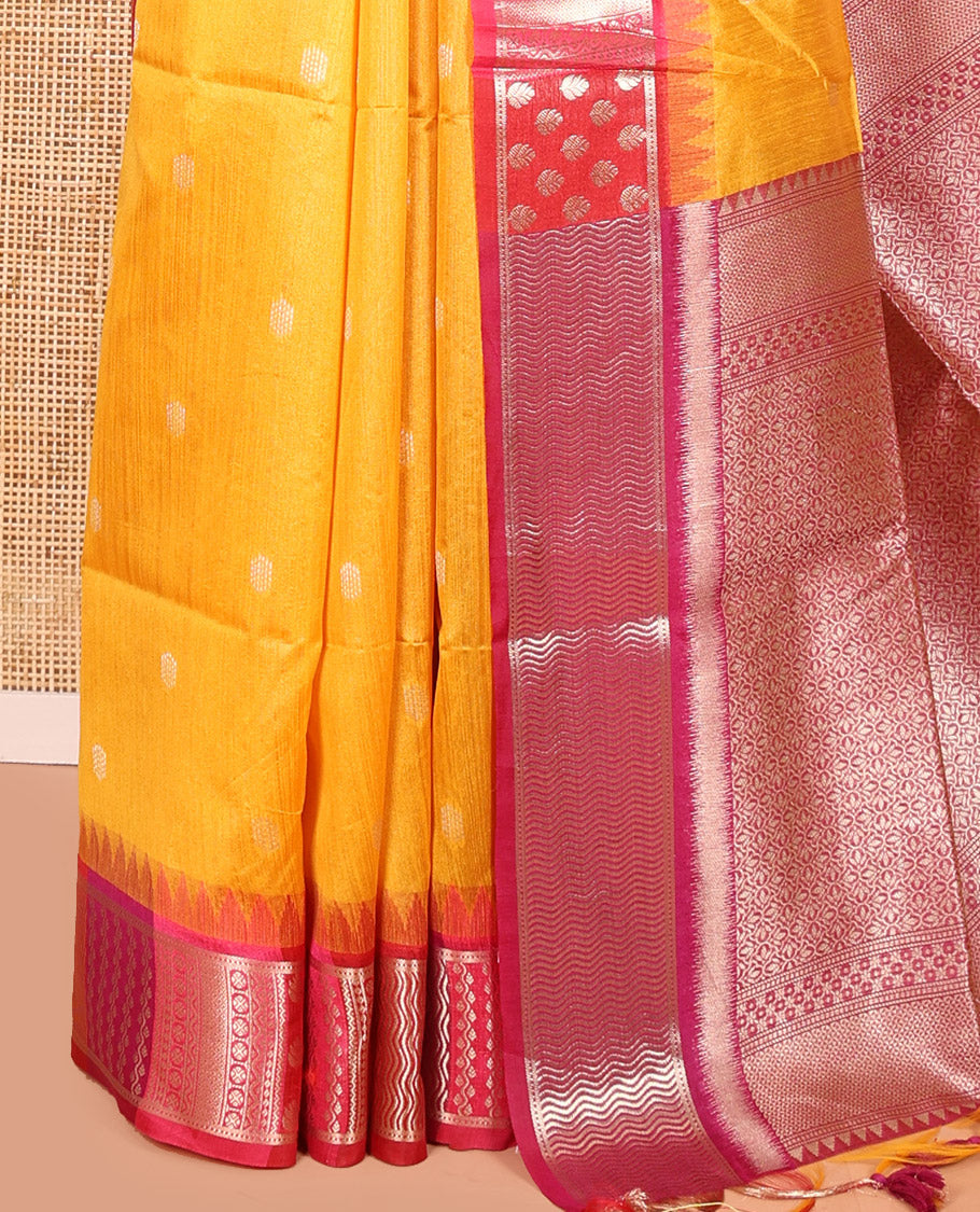 Yellow Semi-Raw Silk Saree, Accentuated with Buttas All Over Its Body, Complemented by Contrast Meenakari-Style Woven Border of Geometric Zari Designs, Majestically Detailed Pallu, and Paired with a Contrast Blouse