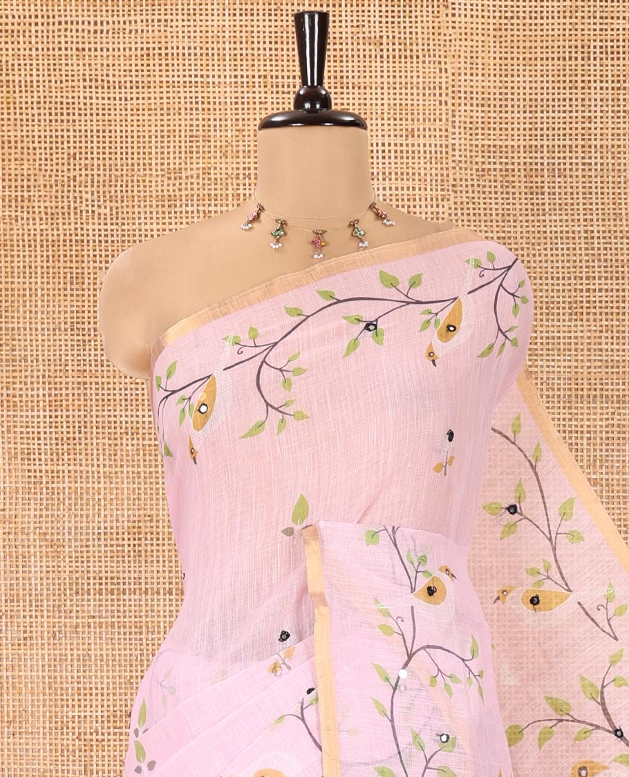 Baby Pink Linen Cotton Saree, Entralled with Floral Vine Print and Mirror Work On Its Body, Subtle Piping Border, Pallu Steeped with Stripes, and Comes With a Contrast Blouse