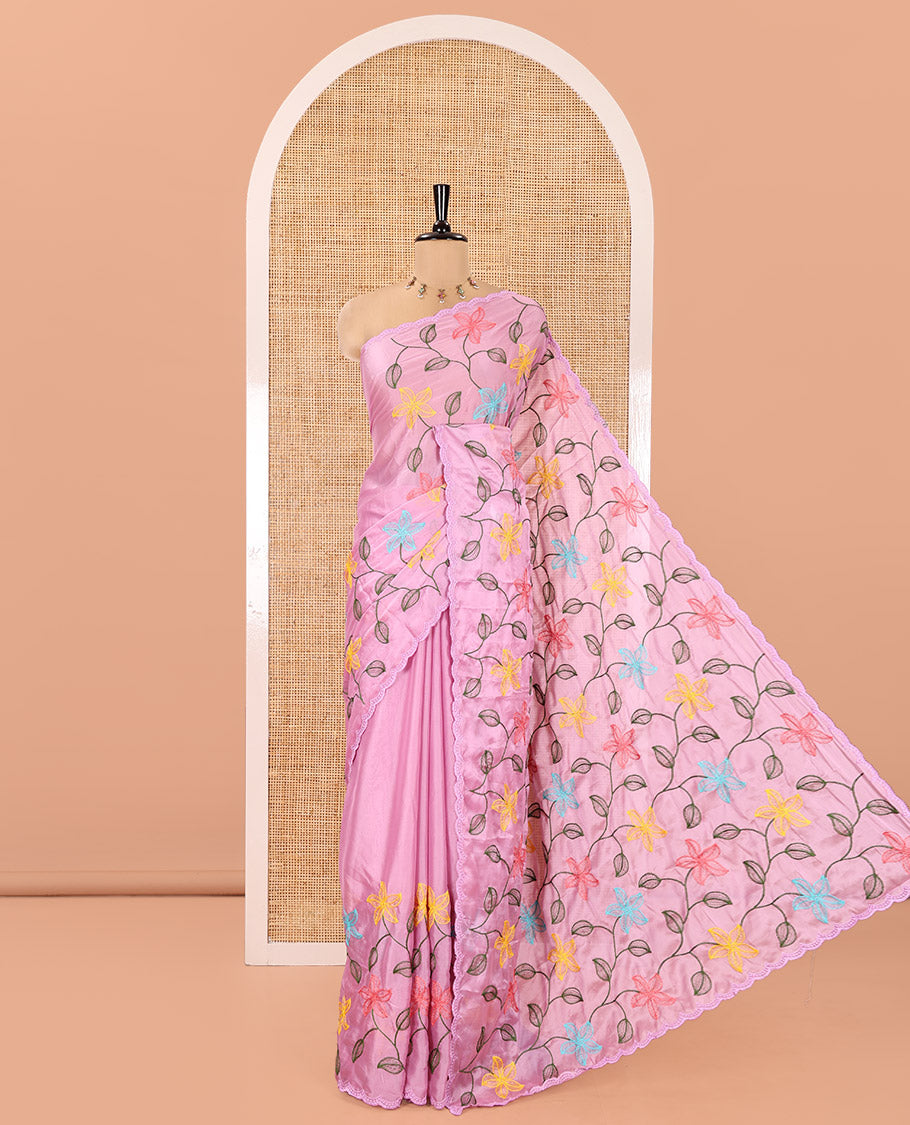 Lavender Rangoli Chiffon Saree, Finely Crafted with Multi-Color Floral Vine Embroidery on Its Body, Floral Embroidered Pallu, and Contrast Floral Embroidered Blouse