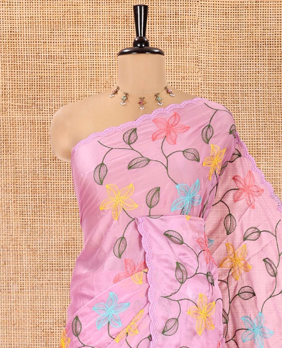 Lavender Rangoli Chiffon Saree, Finely Crafted with Multi-Color Floral Vine Embroidery on Its Body, Floral Embroidered Pallu, and Contrast Floral Embroidered Blouse