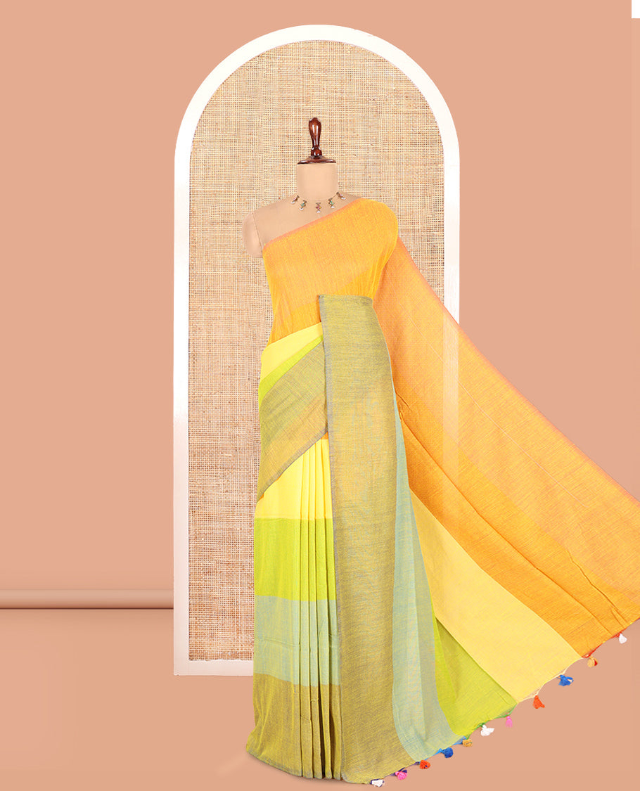 Borderless Parrot Green Khadi Cotton Saree