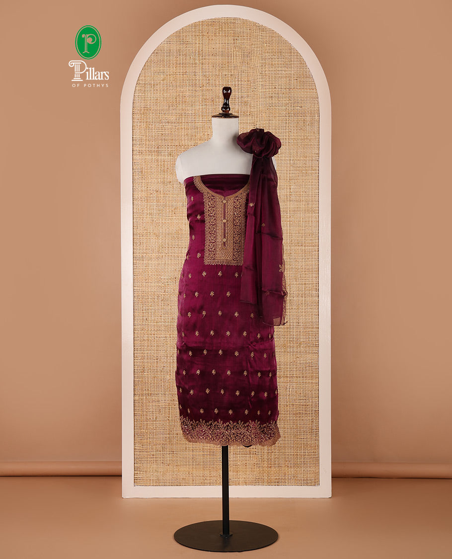 Purple chudidar material set, floral design thread embroidered Burberry top, floral-themed embroidered Burberry dupatta & plain Santoon bottom