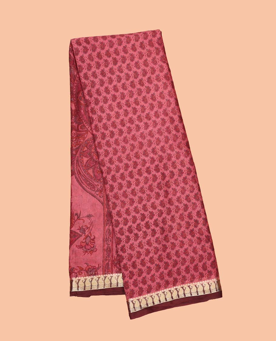 Red micro-motifs printed semi-banaras printed saree, contrast paisley border & intricate pallu