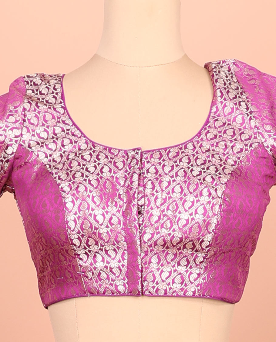 Purple paisleys-theme jacquard front-back round neck elbow-sleeve readymade blouse