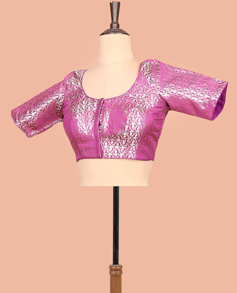 Purple paisleys-theme jacquard front-back round neck elbow-sleeve readymade blouse