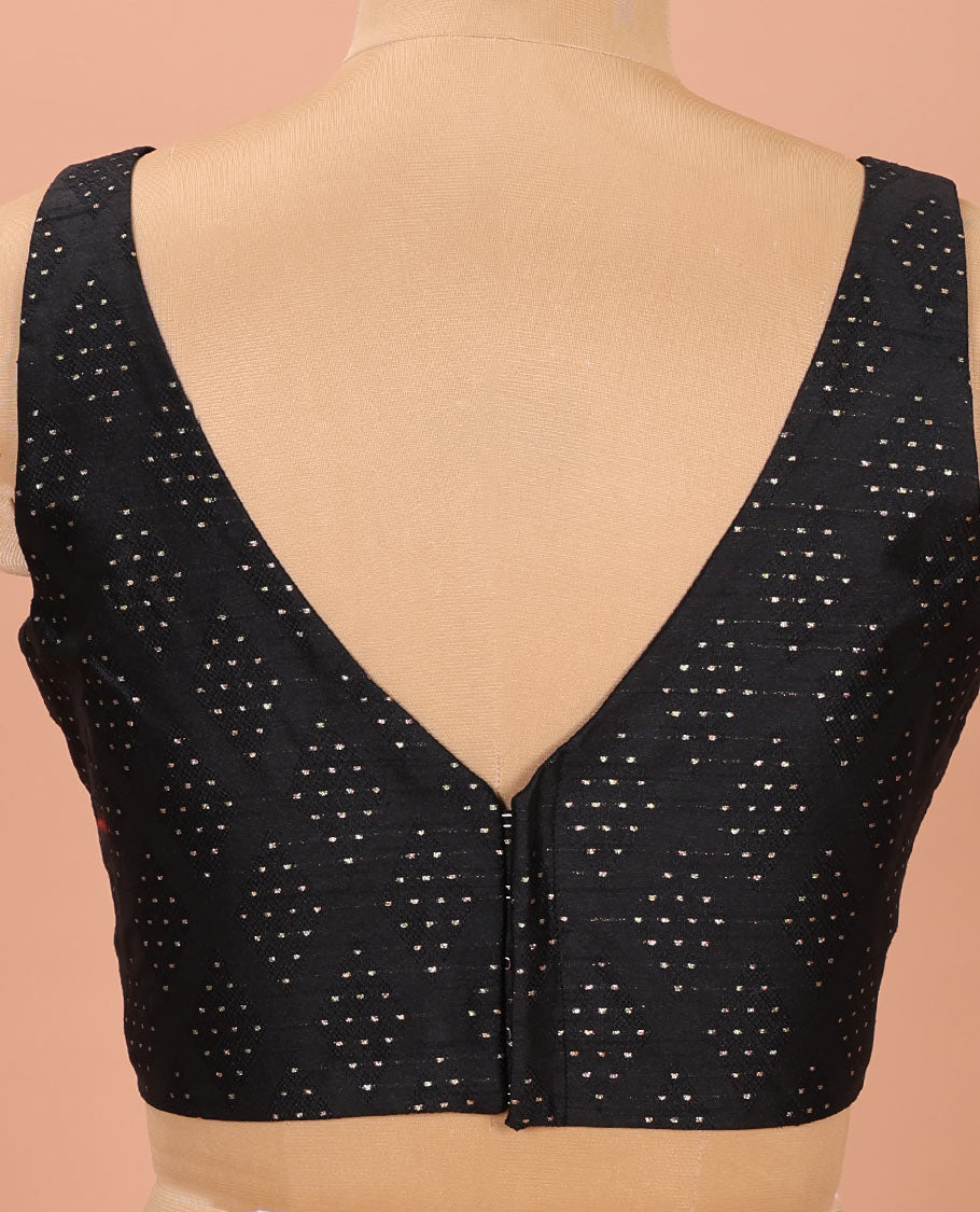 Black Readymade Blouse Highlighted by Dobby-Style Buttas, Featuring a Front V-Neck, Back Deep V-Neck, and Sleeveless Hand
