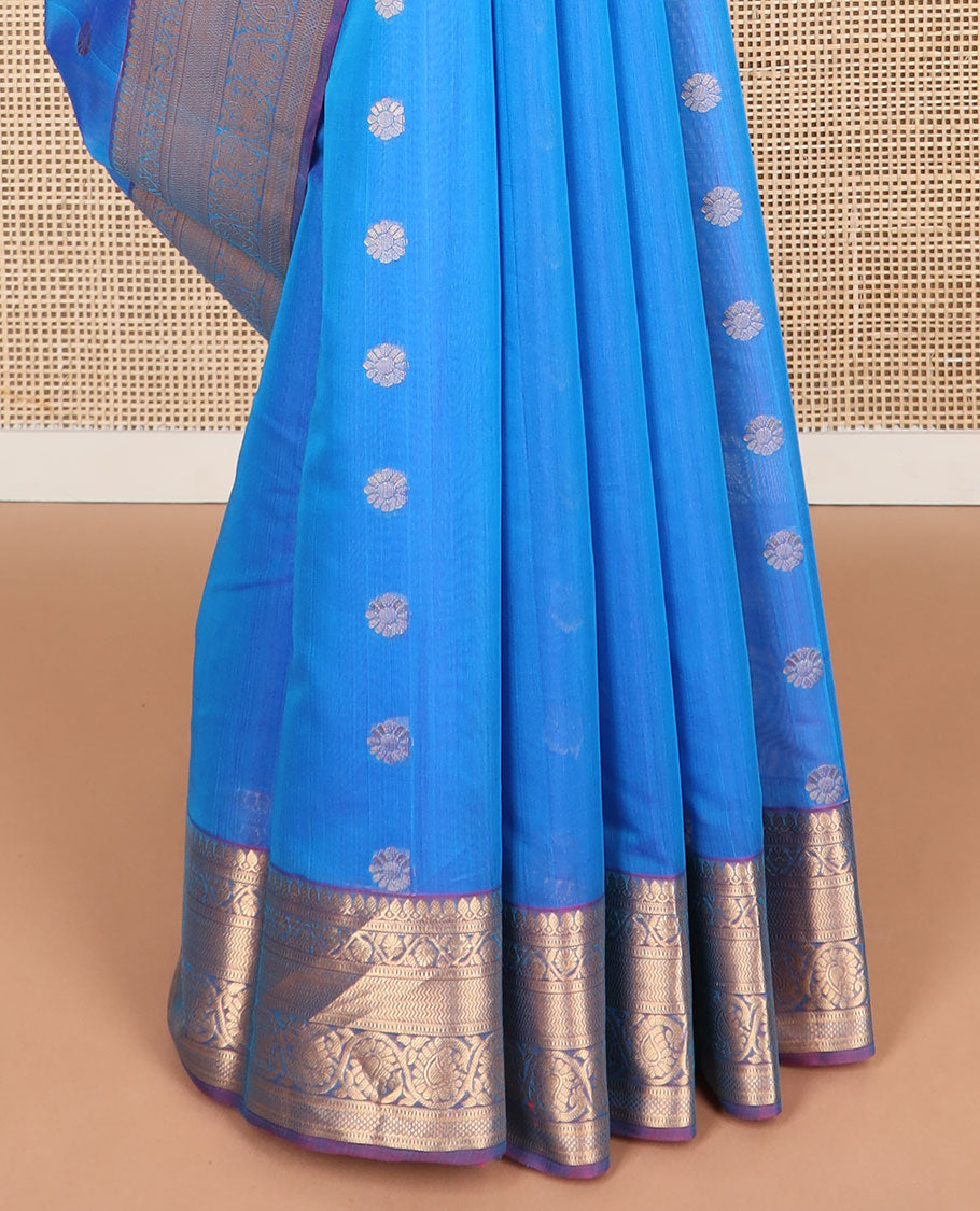 blue motifs silk cotton saree with contrast zari design border & argyle design pallu