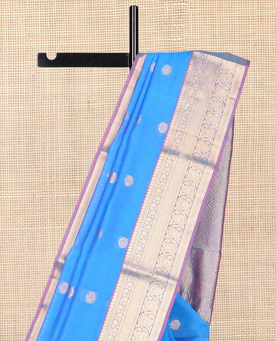 blue motifs silk cotton saree with contrast zari design border & argyle design pallu