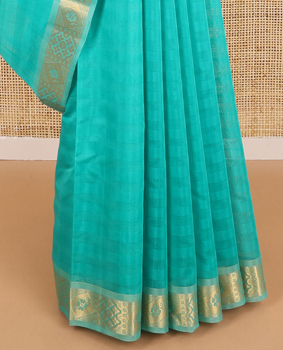 Light blue striped, floral motifs silk cotton saree with self zari border & floral vine design pallu