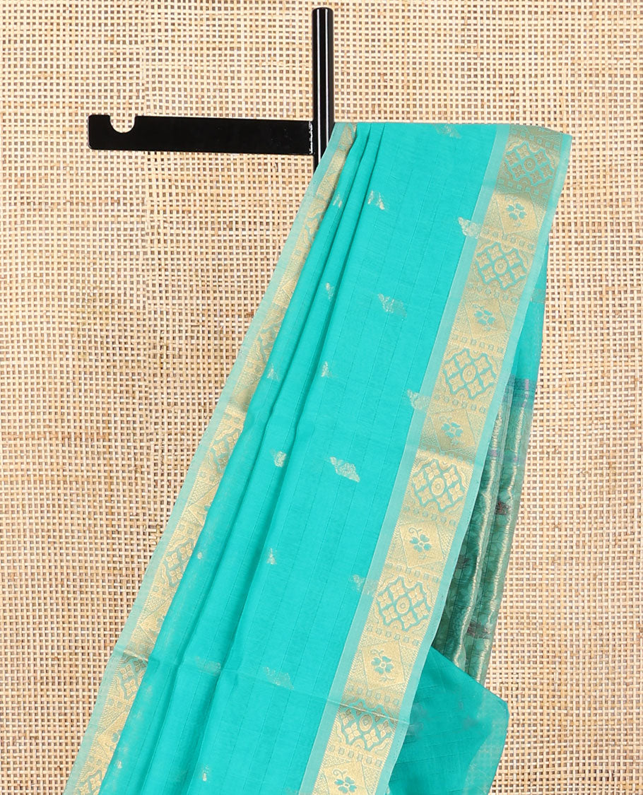 Light blue striped, floral motifs silk cotton saree with self zari border & floral vine design pallu