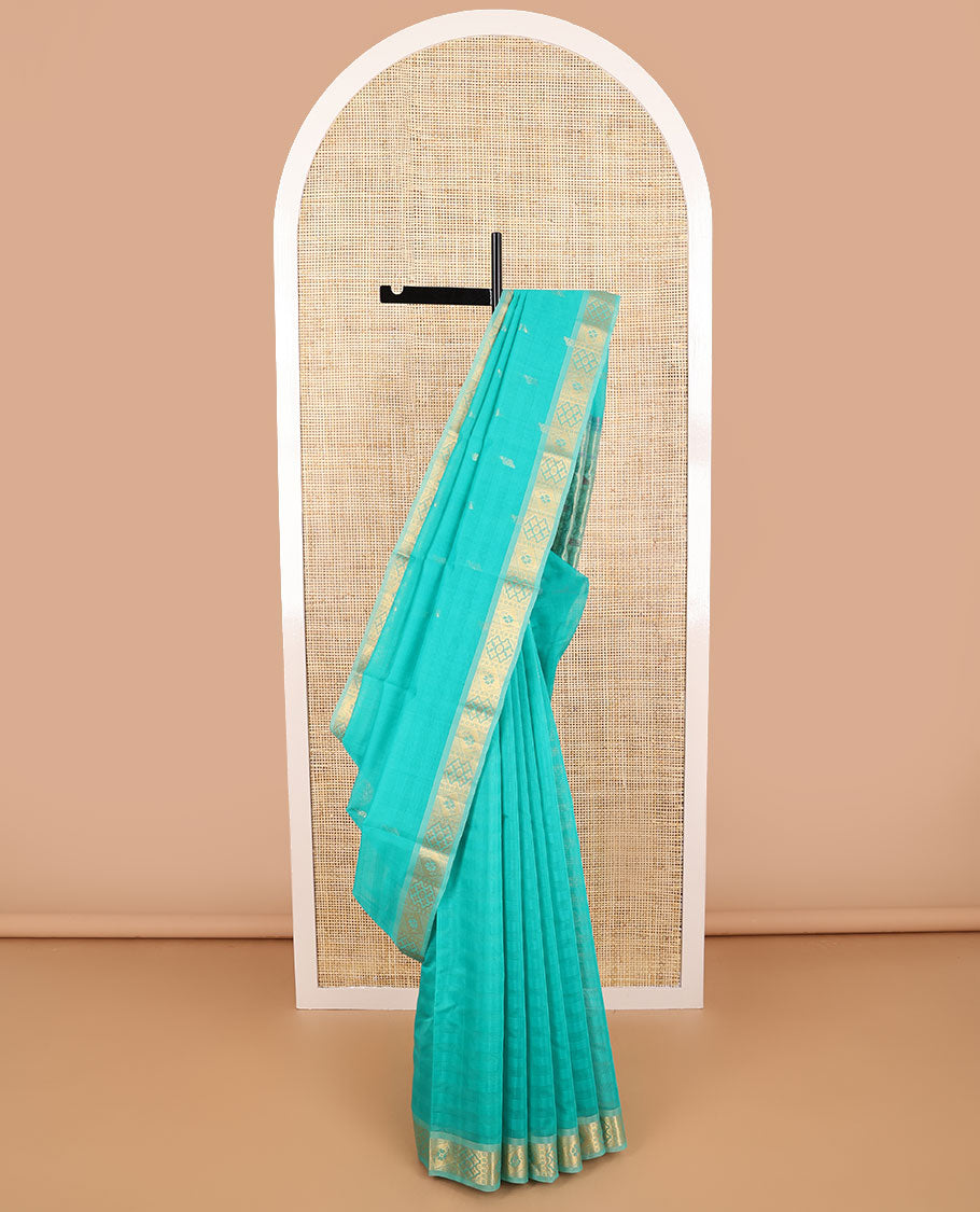 Light blue striped, floral motifs silk cotton saree with self zari border & floral vine design pallu