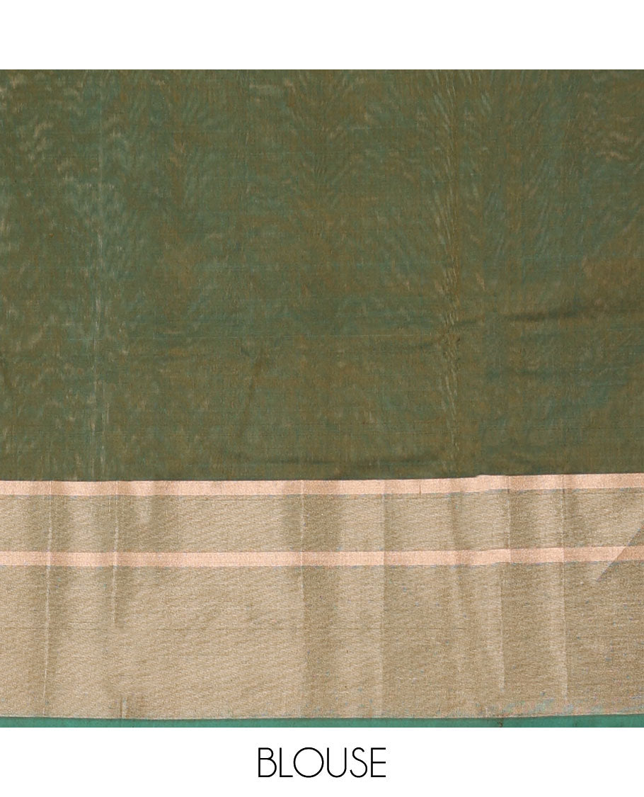 Green plain silk cotton saree, contrast zari border and plain pallu
