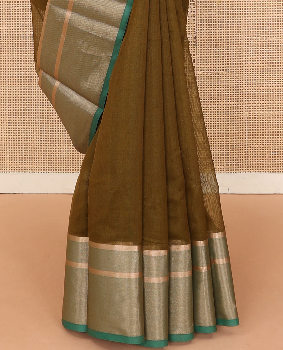 Green plain silk cotton saree, contrast zari border and plain pallu