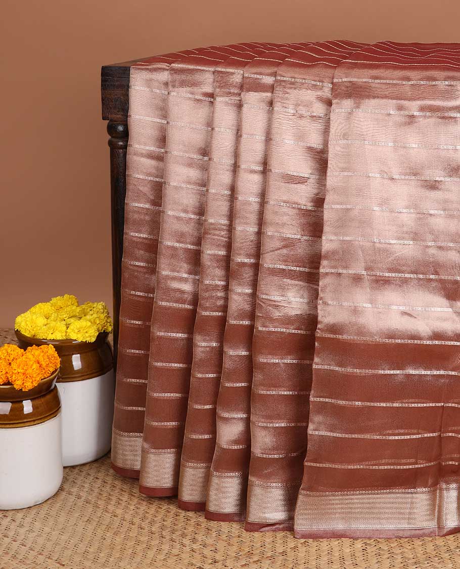 Brown striped semi tissue saree with contrast zari border