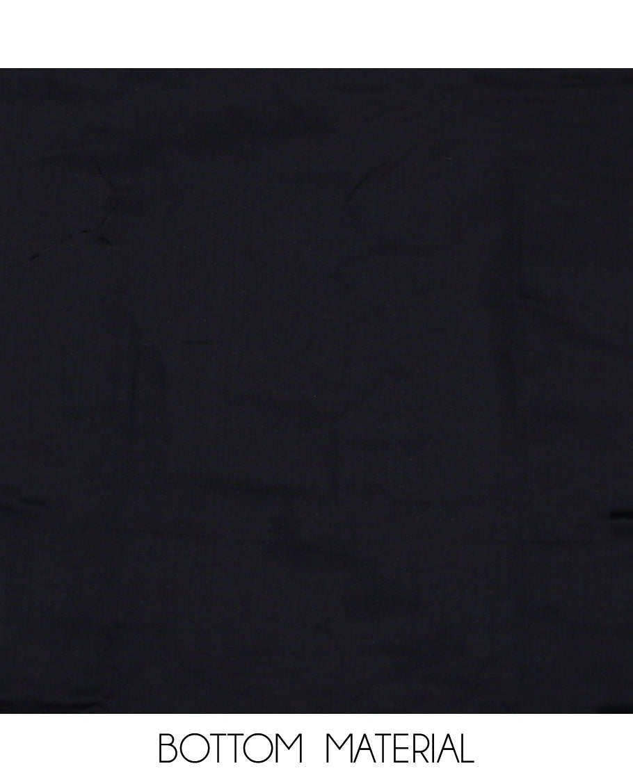 Black material chudidar set, floral print with neck embroidered top, plain bottom, and contrast chevron sequins-thread striped dupatta