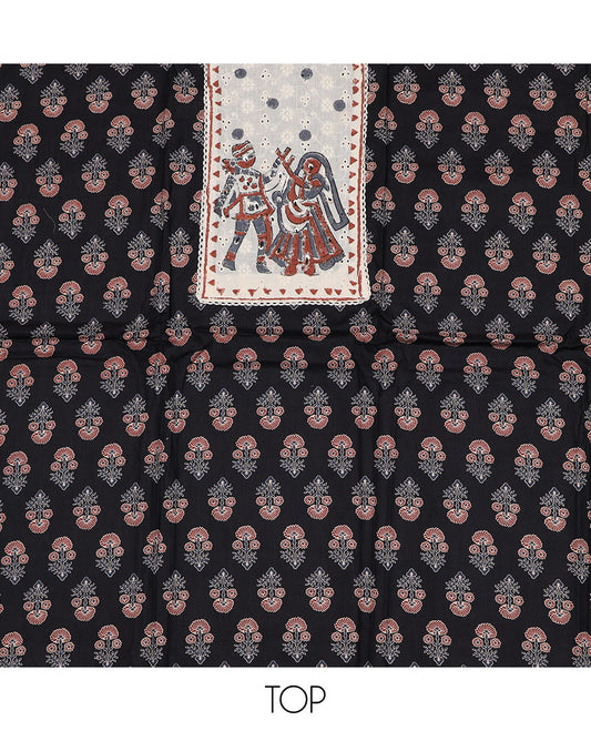 Black material chudidar set, floral motifs print with patch cloth neck embroidery top, plain bottom, and geometric thread embroidered dupatta