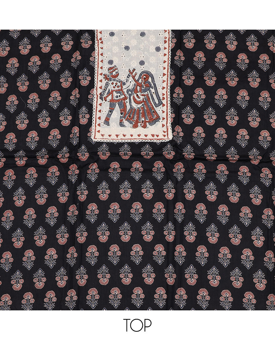 Black material chudidar set, floral motifs print with patch cloth neck embroidery top, plain bottom, and geometric thread embroidered dupatta