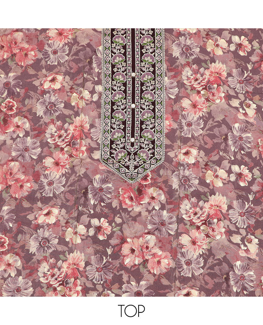 Mauve material chudidar set, floral printed with neck embroidered top, contrast plain bottom, and zari design dupatta