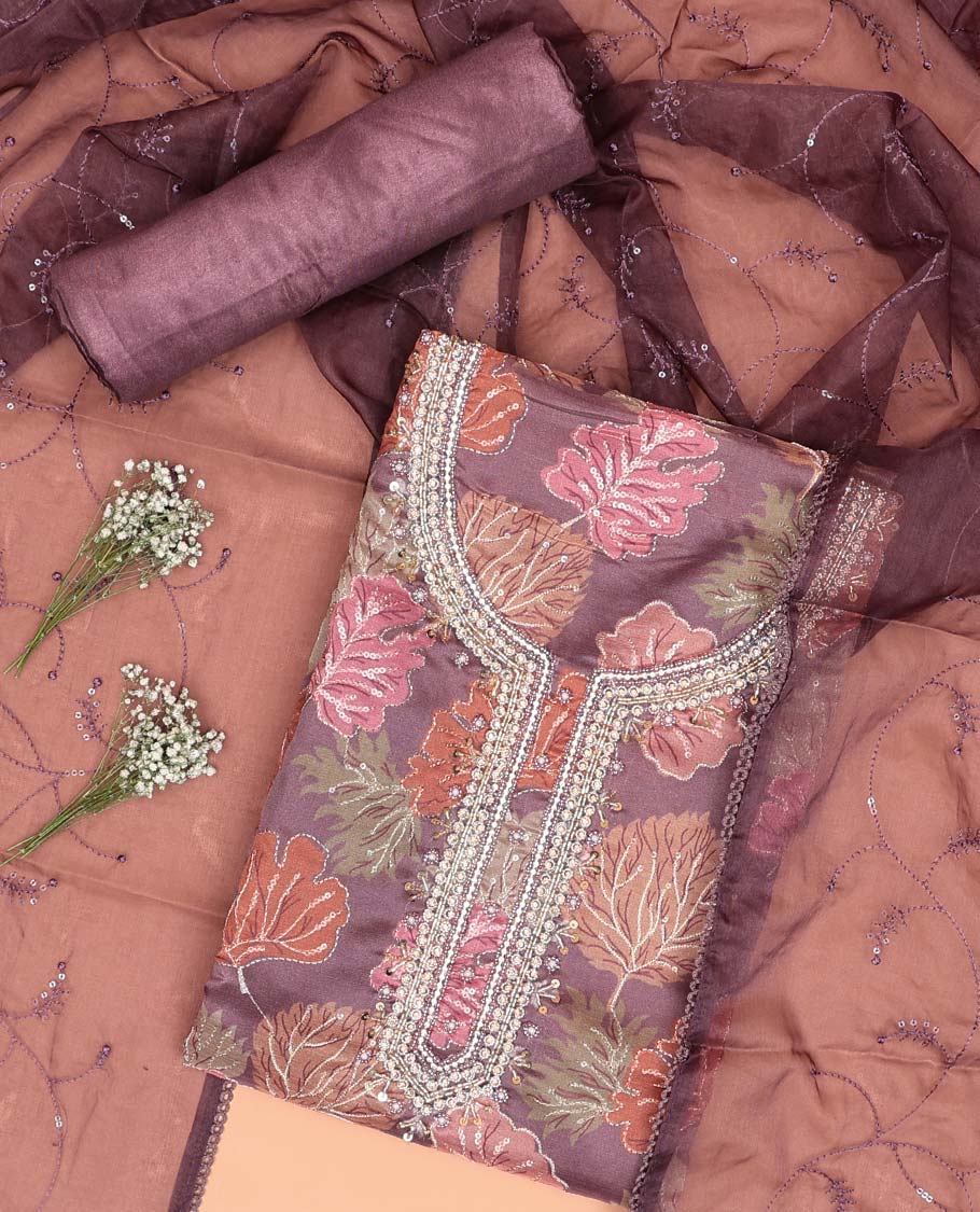 Purple chudidhar material set floral embroidered top, plain bottom & floral design with sequins embroidery dupatta