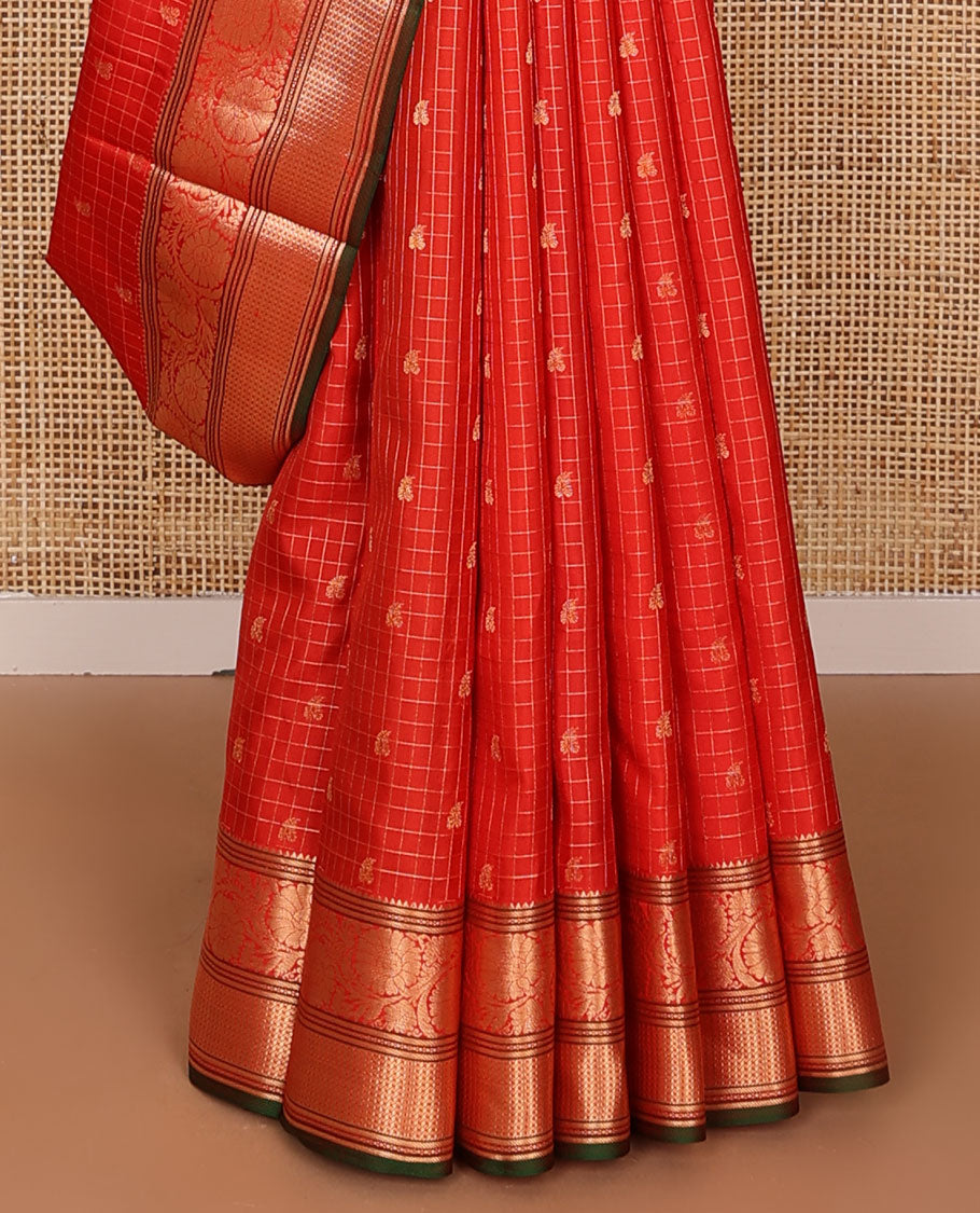 Red checked & zari buttas silk saree, zari border of rekku,banaras,muthu & kodi visiry designs & jaal pallu