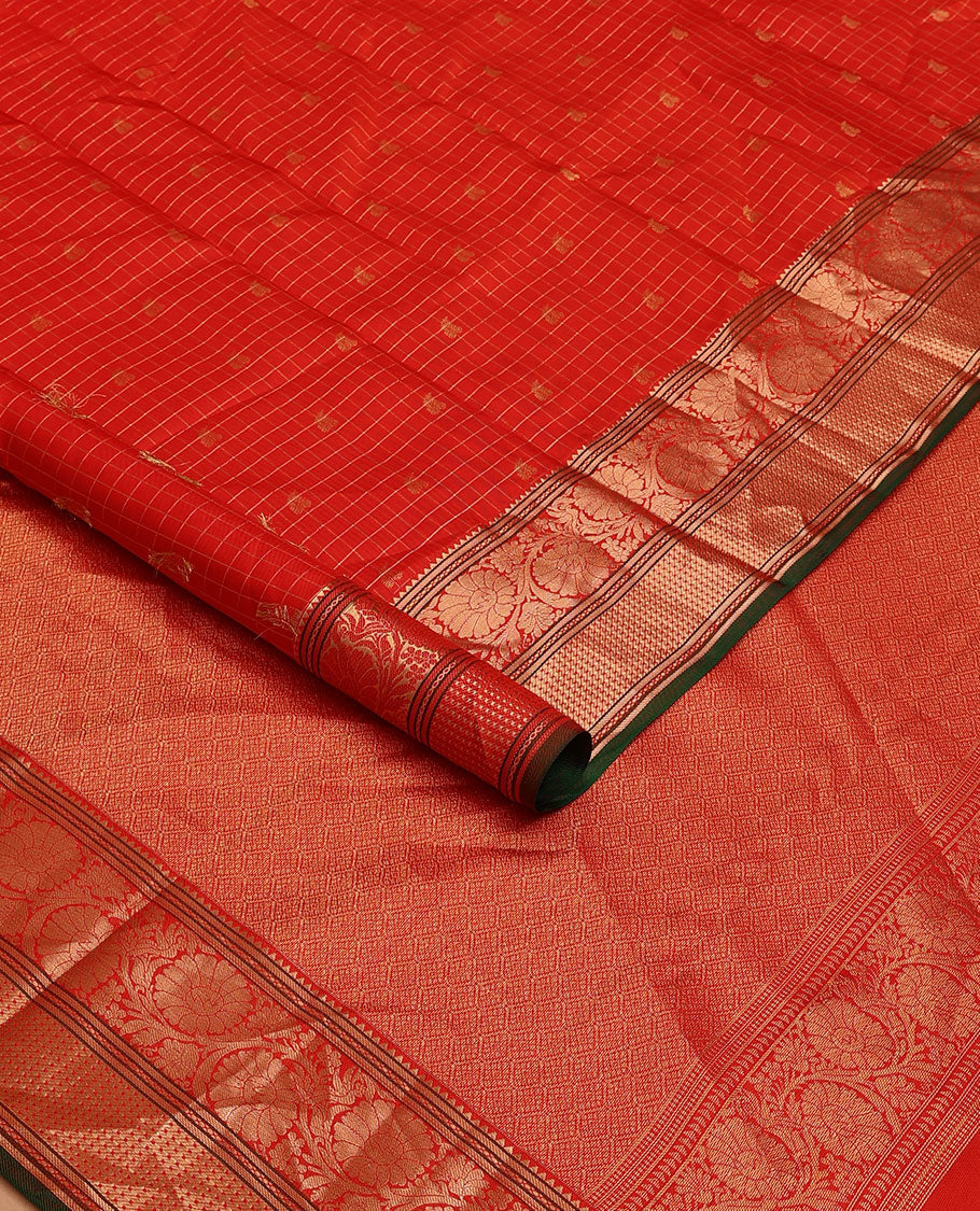 Red checked & zari buttas silk saree, zari border of rekku,banaras,muthu & kodi visiry designs & jaal pallu