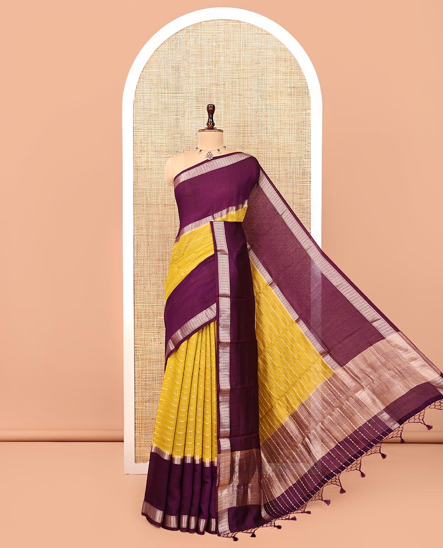Yellow Assam Silk Saree, Enthralled with Stripes, Complemented by a Contrast Traditional Border, Zari-Striped Pallu, and a Contrast Blouse