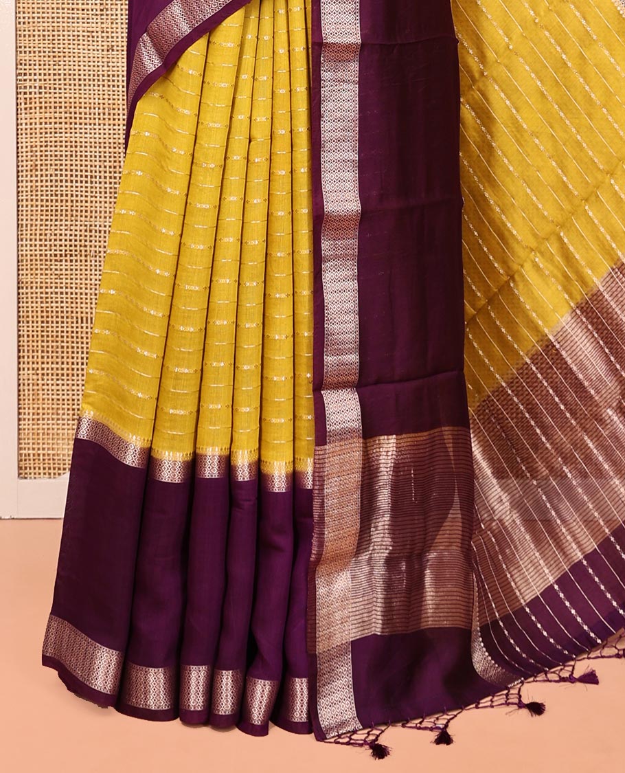 Yellow Assam Silk Saree, Enthralled with Stripes, Complemented by a Contrast Traditional Border, Zari-Striped Pallu, and a Contrast Blouse
