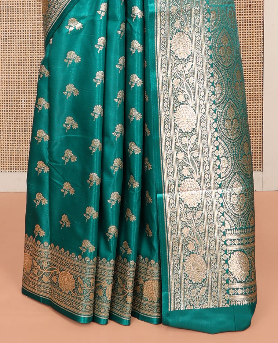 Green Banarasi Nylon Saree, Bedecked with Buttas, Floral Creeper Zari Border, Intricate Pallu, and a Matching Blouse