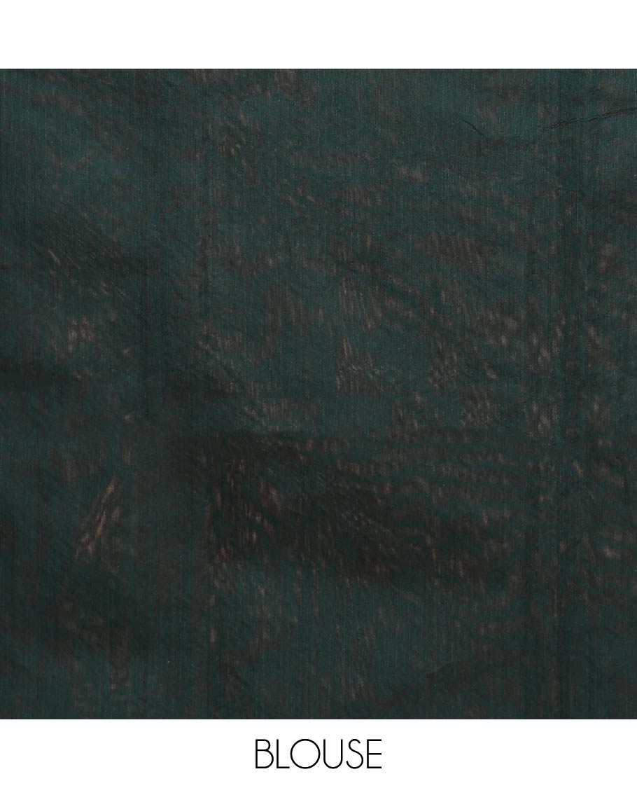 Borderless red zari buttas semi-silk cotton saree, contrast intricate pallu