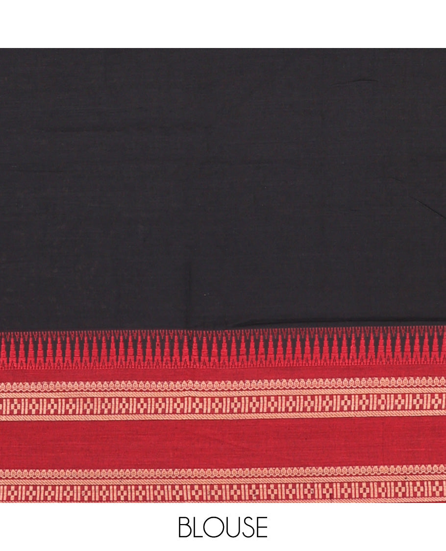 Black plain Narayanapet cotton saree, contrast temple rettai pettu traditional motifs woven border, and striped pallu