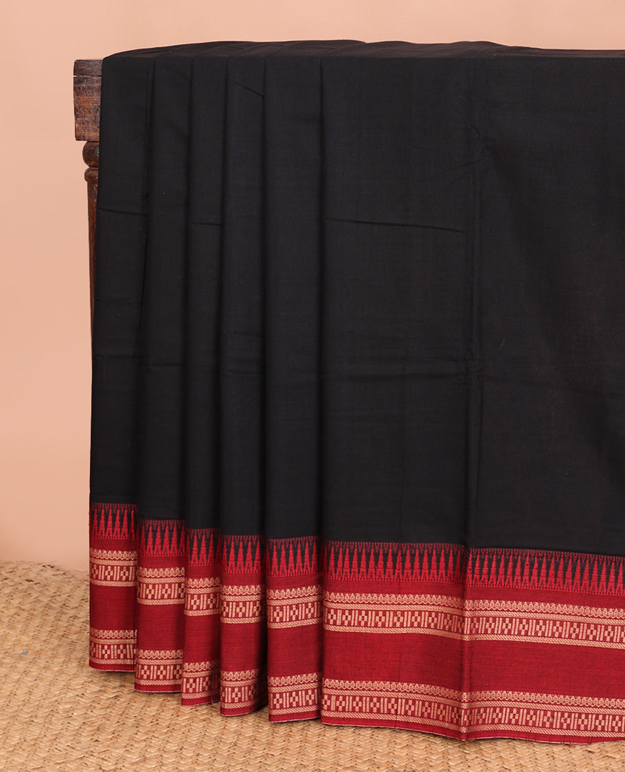 Black plain Narayanapet cotton saree, contrast temple rettai pettu traditional motifs woven border, and striped pallu