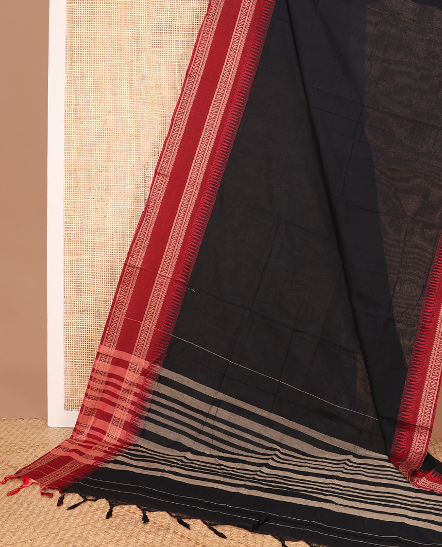 Black plain Narayanapet cotton saree, contrast temple rettai pettu traditional motifs woven border, and striped pallu