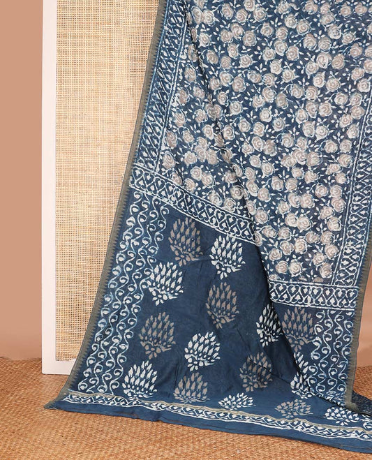 Blue batik style floral printed mul mul cotton saree, printed border, and pallu of unique print
