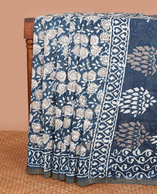 Blue batik style floral printed mul mul cotton saree, printed border, and pallu of unique print