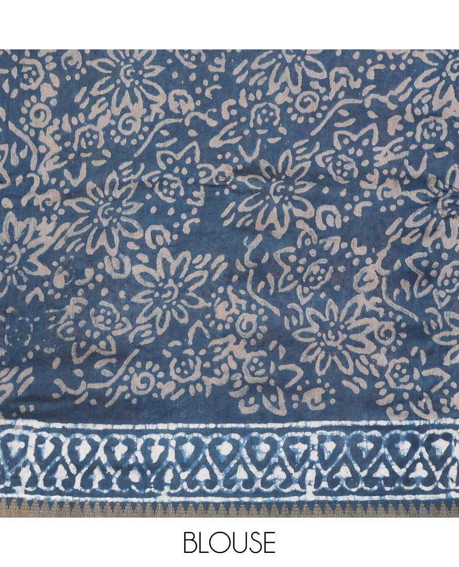 Blue batik style floral printed mul mul cotton saree, printed border, and pallu of unique print