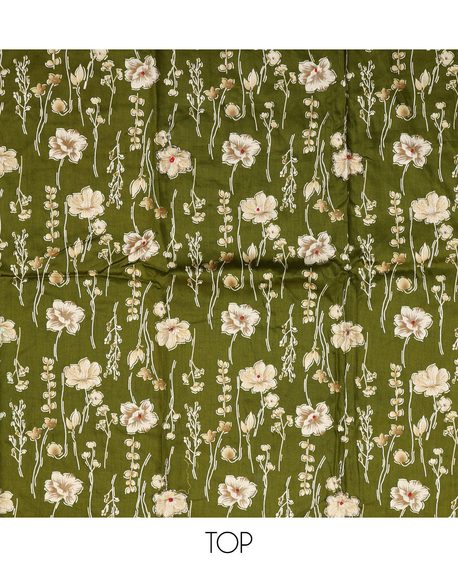 Olive material chudidar set, floral motifs printed top, plain bottom, and floral printed dupatta