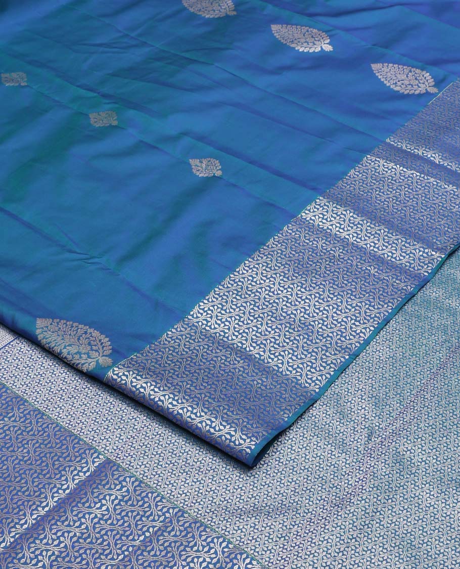 Blue zari buttas Vasundhara silk mix saree, floral zari design border, and floral jaal pallu