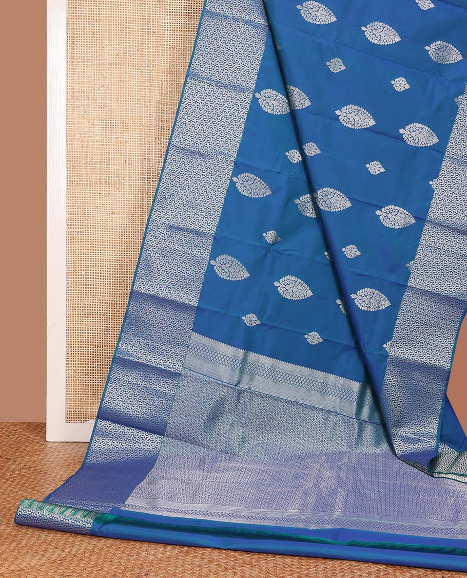 Blue zari buttas Vasundhara silk mix saree, floral zari design border, and floral jaal pallu