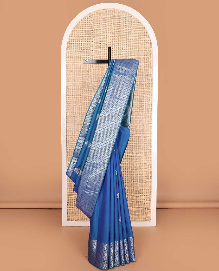 Blue zari buttas Vasundhara silk mix saree, floral zari design border, and floral jaal pallu