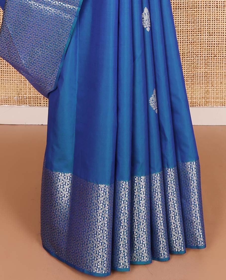 Blue zari buttas Vasundhara silk mix saree, floral zari design border, and floral jaal pallu