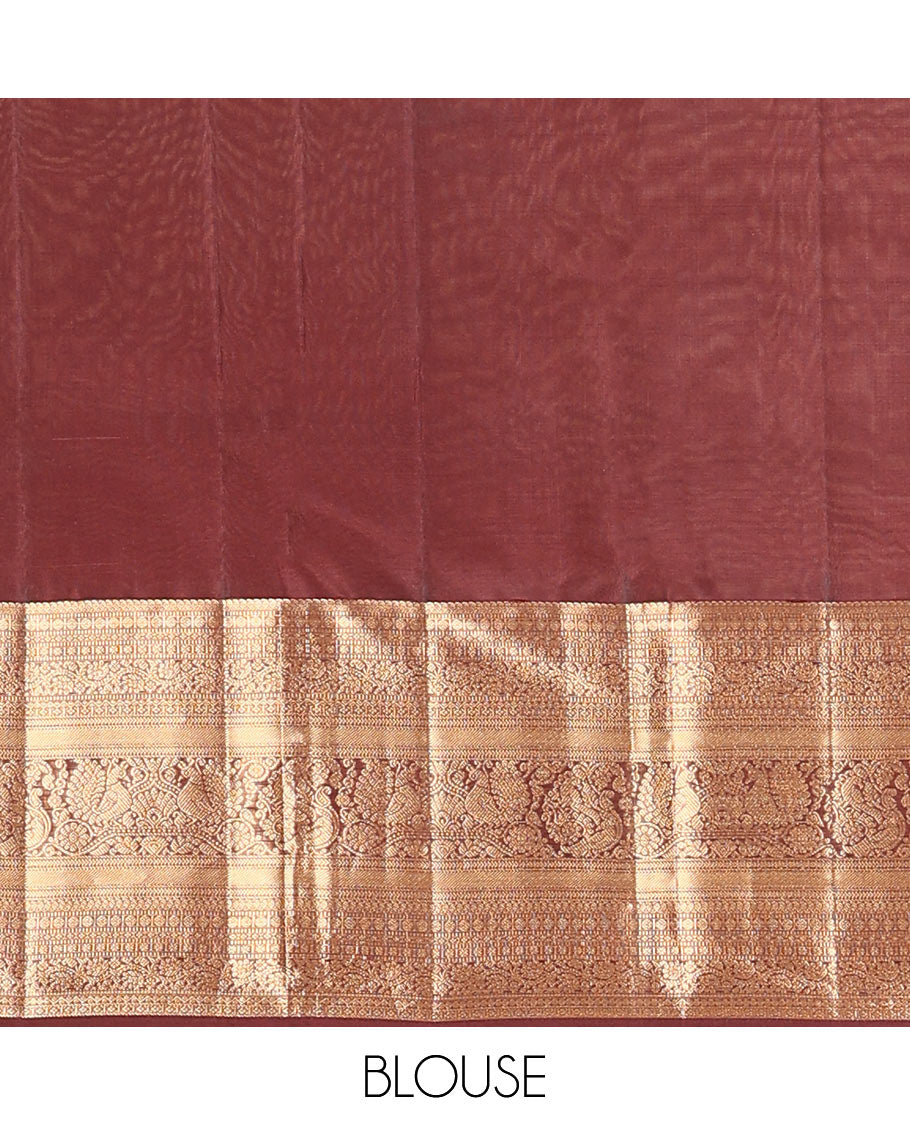 Pink zari buttas Vasundhara silk mix saree, contrast border of manga mokku, muthu, poun, kodi visiry, mayil, and star designs, and intricately zari woven pallu