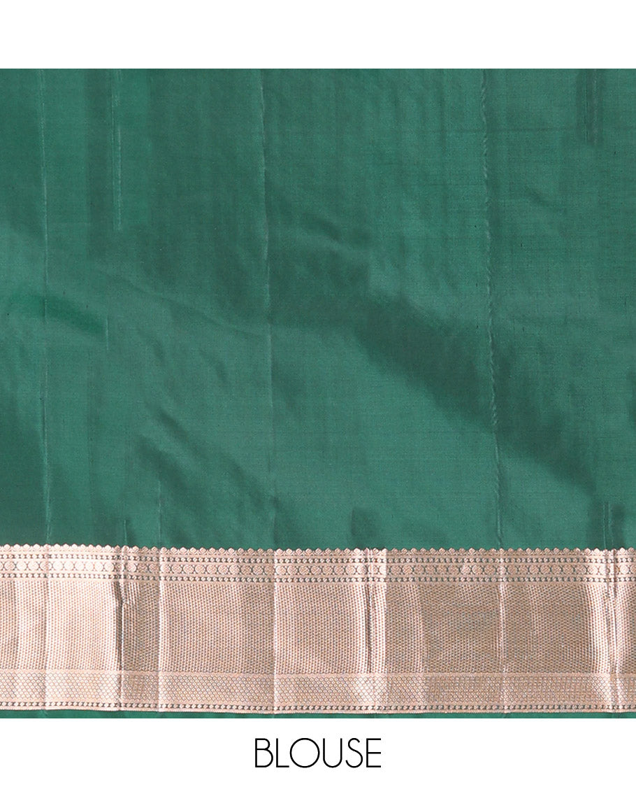 Green Vasundhara Silk Saree Beautifully Bedecked with Checks, Highlighted by a Zari Border of Rudraksham, Ara Maadam, and Mayil Kann Designs, Delicately Woven Geometric Patterned Pallu, and Paired with a Matching Blouse